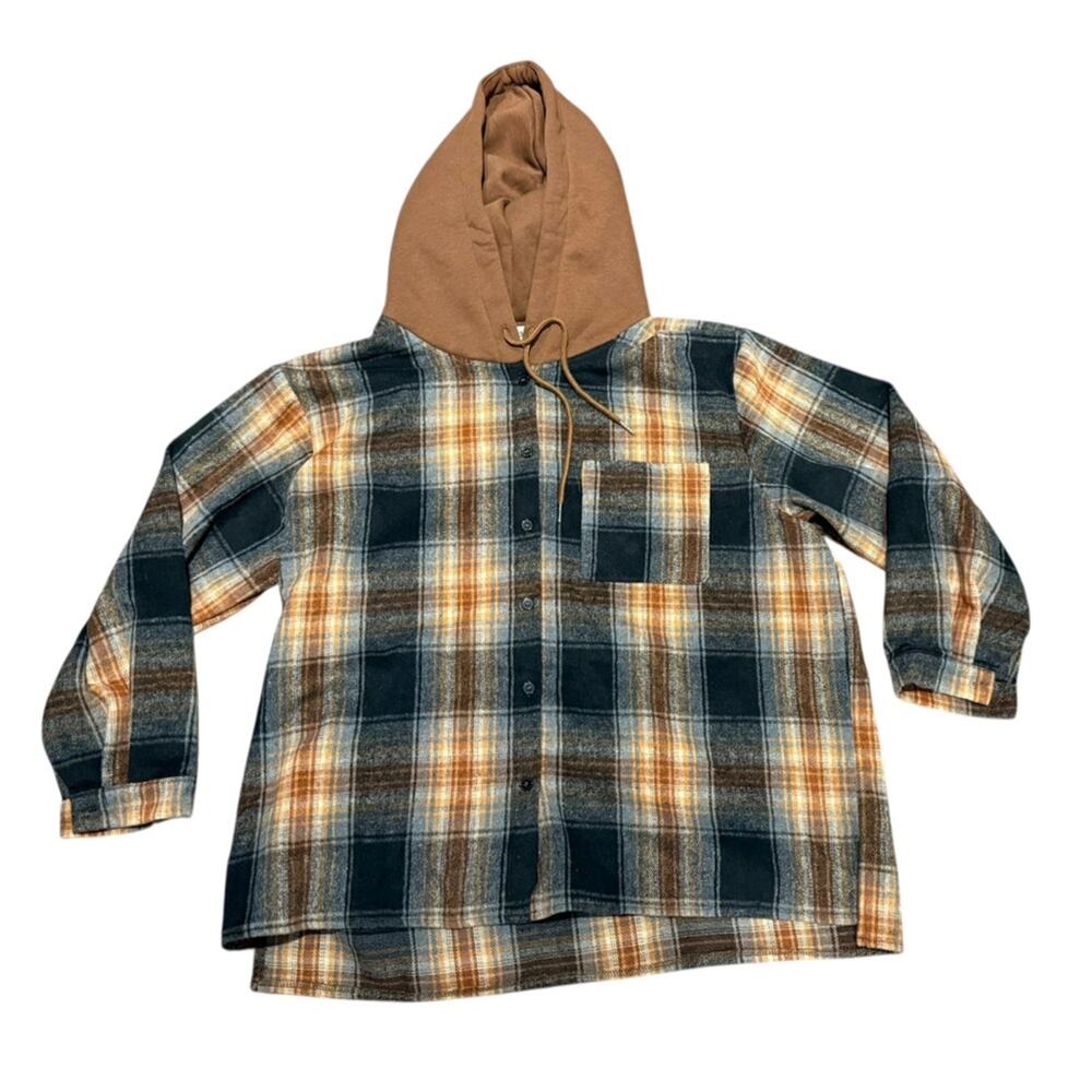 BiBi Multicolor Plaid Shirt with Brown Hood in a Women’s Oversized Small